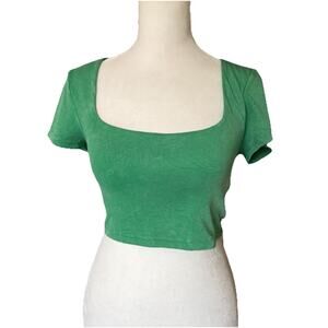 Offline by Aerie Womens Small Cropped Top Green Print Square Neck NWT Shelf Bra